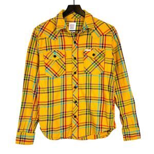 TOPO Designs Mens Cotton Flannel Plaid Yellow Button Up Shirt - S